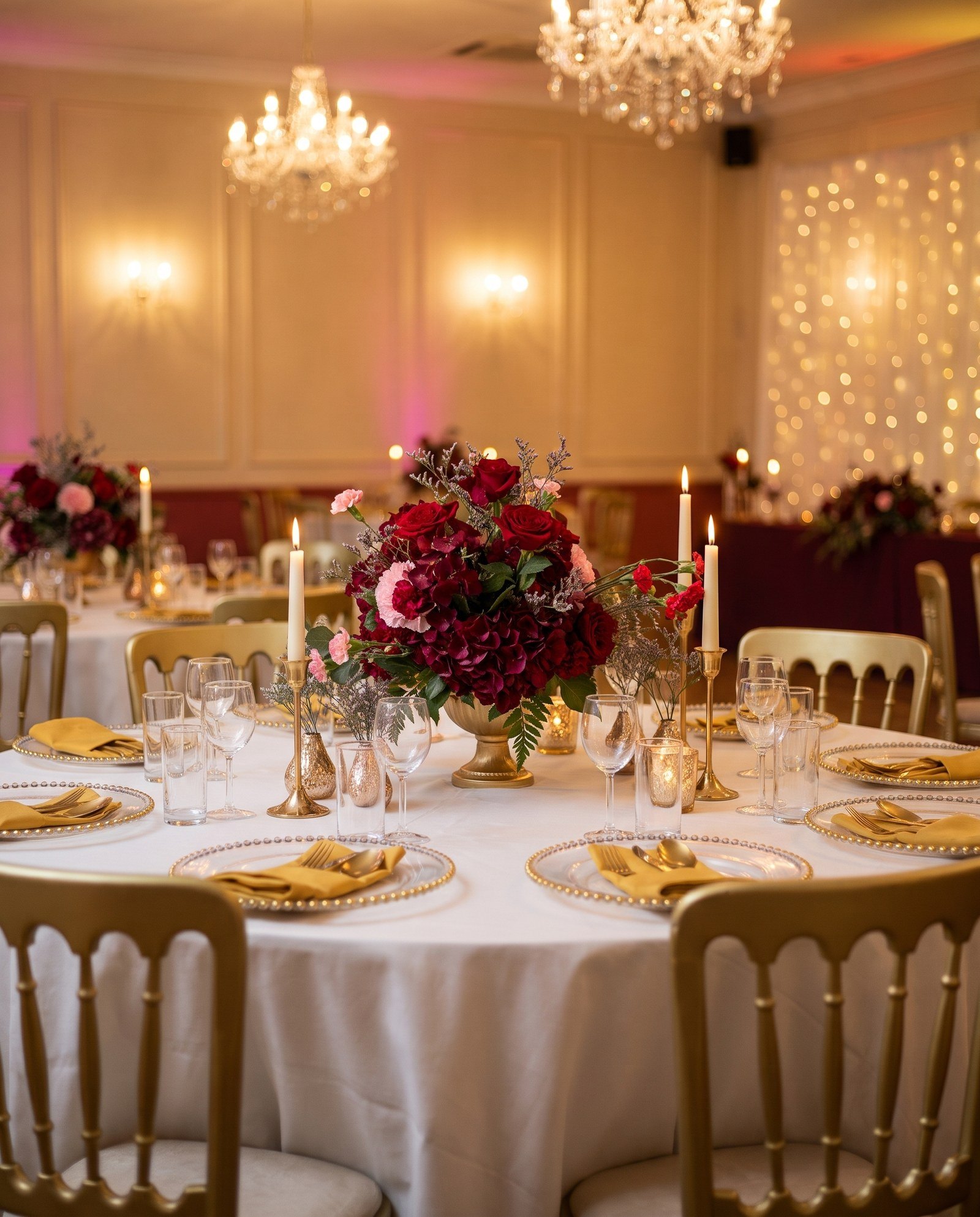 Deep red rose centrepiece in a gold footed urn in a candlelit ballroom
