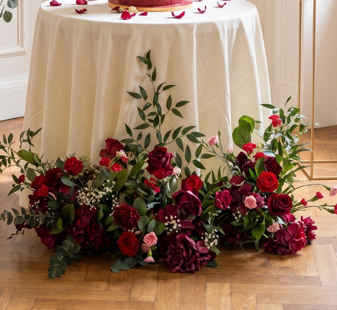 Red rose and burgundy floor display at the foot of a table