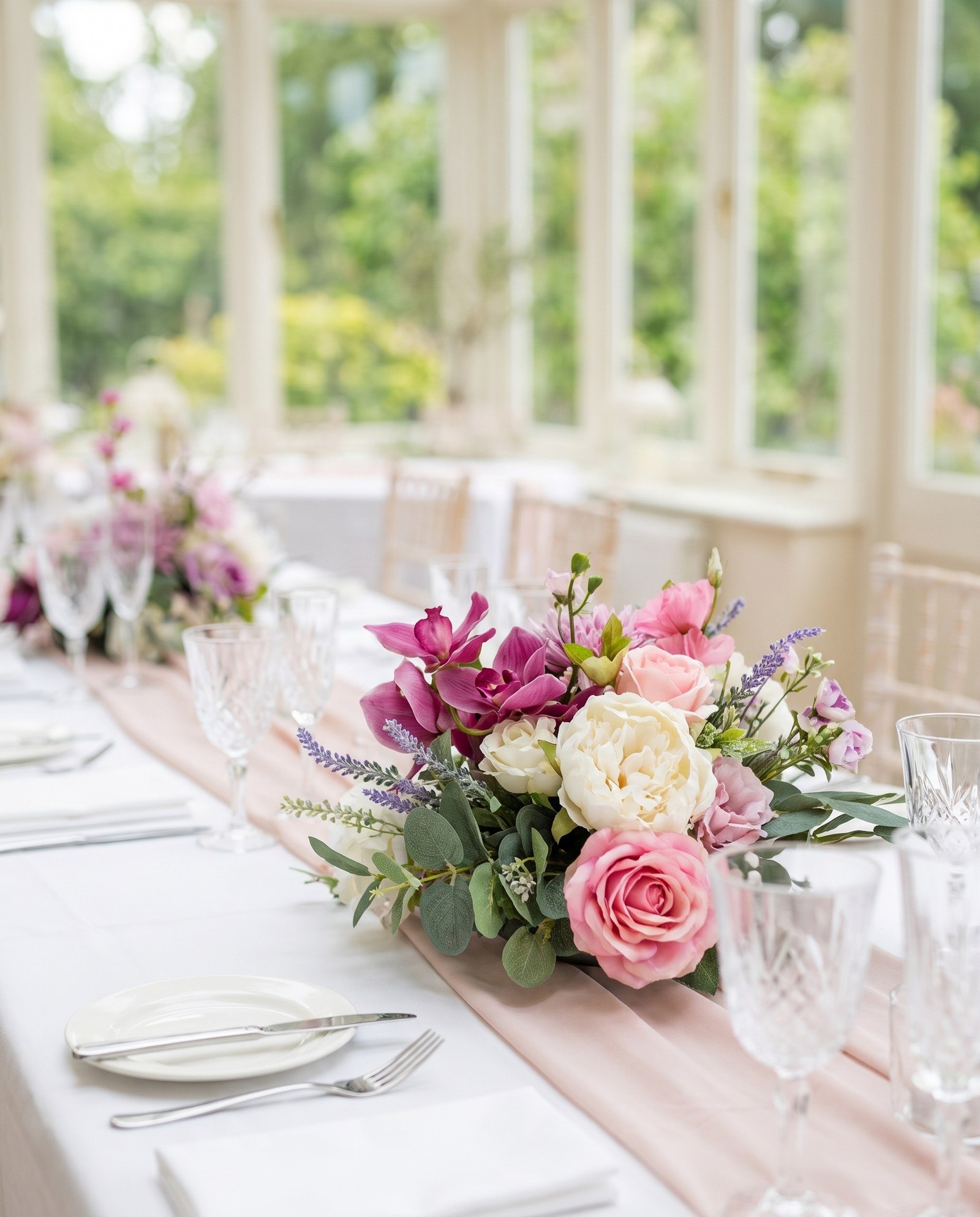 Low magenta orchid, ivory peony and pink rose arrangement in a garden room